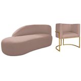 Kit Divã Luna 160cm Lado Esquerdo E 01 Poltrona Base De Ferro Dourado Linho Cor Rosê