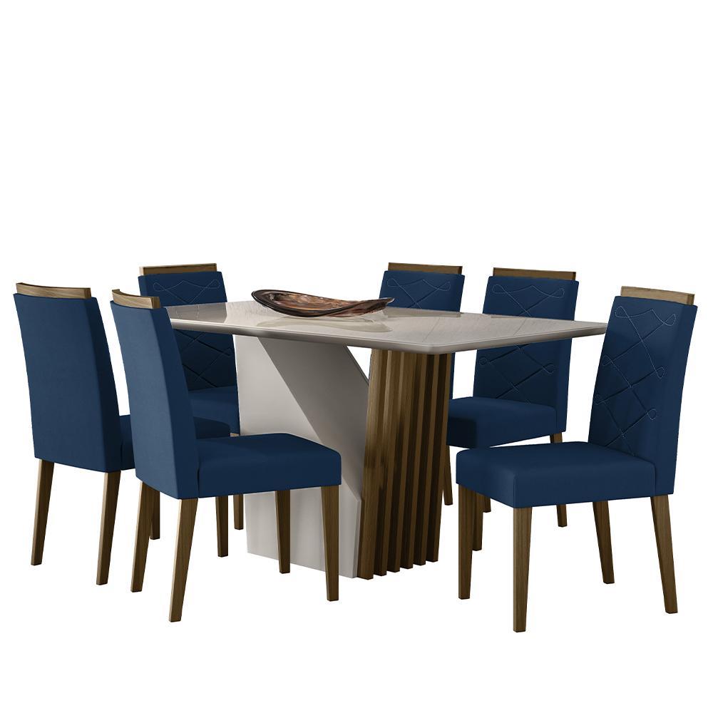 Mesa De Jantar Veneza 160x90 Com 6 Cadeiras Caroline Imbuia/off White/veludo Azul Marinho - New Ceval