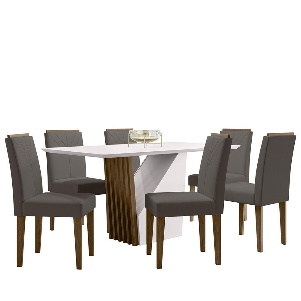 Mesa De Jantar Veneza 160x90 Com 6 Cadeiras Amanda Imbuia/off White/veludo Cinza Escuro - New Ceval