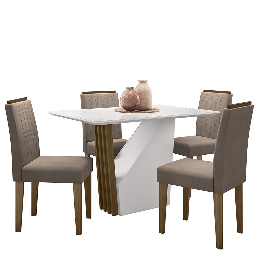 Mesa De Jantar Veneza 120x80 Com 4 Cadeiras Ana Imbuia/off White/veludo Marrom Rosê - New Ceval