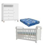 Berço Americano Lara Com Colchão E Cômoda Infantil Ternura Baby Branco Brilho - Incorplac