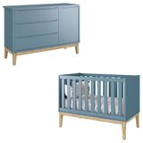 Berço Americano E Cômoda Infantil 1 Porta Classic Azul Com Pés Madeira Natural - Reller