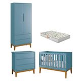 Quarto De Bebê 2 Portas E Cômoda Gaveteiro New Classic Azul Com Pés Madeira E Colchão Gazin - Reller