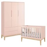 Berço Americano E Guarda Roupa Classic 3 Portas Rosa Com Pés Madeira Natural - Reller