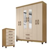 Guarda Roupa Casal Modena Com Espelho 6 Portas E Cômoda Cannes 5 Gavetas Carvalho Americano Off White - Incorplac