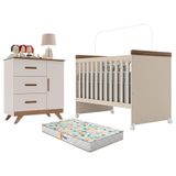 Berço Mini Cama Lívia E Cômaoda Infantil Retro Maya Off White Carvalho Com Colchão Gazin - Canaã