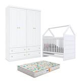 Berço Montessoriano Americano E Guarda Roupa Infantil Mississipi 4 Portas Branco Com Colchão Gazin