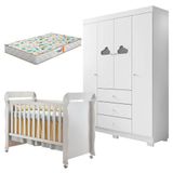 Berço Americano Mirelle E Guarda Roupa Infantil Ane Branco Brilho Com Colchão Gazin - Phoenix Baby