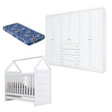 Berço Montessoriano E Guarda Roupa Infantil Mississipi 6 Portas Branco Hp Com Colchão Ortobom