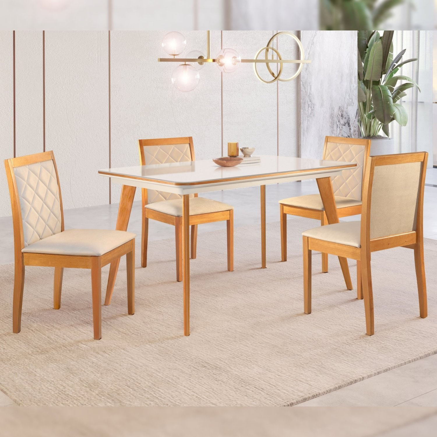 Conjunto Sala De Jantar Mesa Mad 135cm Com 4 Cadeiras Berlim estrutura Em Madeira Maciça E Tampo Mdf/vidro Cinamomo/off White/bege