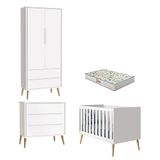 Quarto De Bebê 2 Portas E Cômoda Gaveteiro Theo Branco Pés Madeira Natural Com Colchão Gazin - Reller