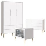 Quarto De Bebê Theo 3 Portas Com Cômoda Branco Acetinado Pés Madeira Natural - Reller