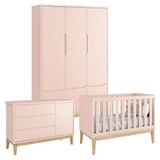 Quarto De Bebê Classic 3 Portas Rosa Com Pés Madeira Natural - Reller