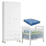 Berço Americano Lila Com Colchão E Guarda Roupa Ternura Baby 3 Portas Branco Brilho - Incorplac