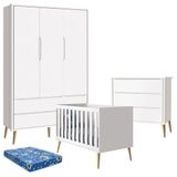 Quarto De Bebê Theo 3 Portas Com Colchão E Cômoda Gaveteiro Branco Acetinado Pés Madeira Natural - Reller