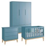 Quarto De Bebê Classic 3 Portas Cômoda Gaveteiro Azul Com Pés Madeira Natural - Reller