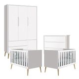 Quarto De Bebê Theo 3 Portas Com 02 Berços E Cômoda Gaveteiro Branco Acetinado Pés Madeira - Reller