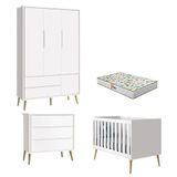 Quarto De Bebê 3 Portas E Cômoda Gaveteiro Theo Branco Pés Madeira Natural Com Colchão Gazin - Reller