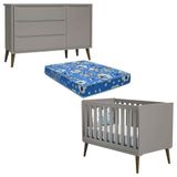 Berço Americano E Cômoda Com Porta Infantil Theo Cinza Com Colchão Ortobom 130x70 Cm - Reller