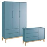 Guarda Roupa Infantil 3 Portas E Cômoda Com Porta New Classic Azul Com Pés Madeira Natural - Reller