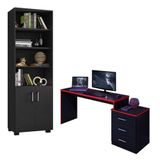 Mesa Para Computador Gamer Drx 5000 E Livreiro Office Com Portas Pequenas Preto Trama Vermelho - Móveis Leão