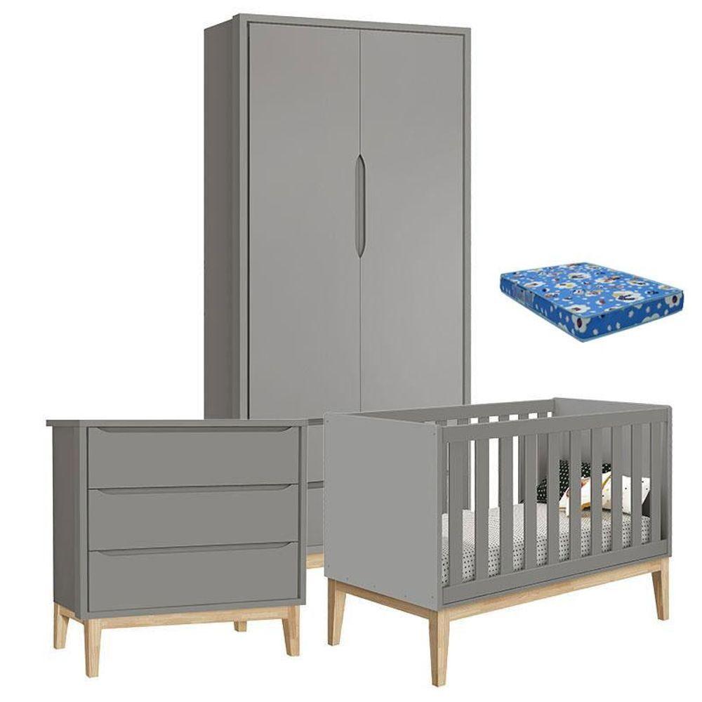 Quarto De Bebê Classic 2 Portas Com Colchão E Comoda Gaveteiro Cinza Pés Madeira Natural - Reller