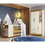 Quarto De Bebê 100% Mdf Com Berço Minicama, Cômoda E Guarda Roupa 3 Portas Flocos Off White E Ypê