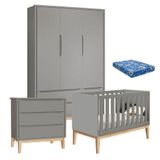 Quarto De Bebê Classic 3 Portas Com Colchão E Cômoda Gaveteiro Cinza Pés Madeira Natural - Reller