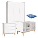 Quarto De Bebê Classic 3 Portas Com Colchão E Cômoda Gaveteiro Branco Pés Madeira Natural - Reller