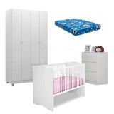 Quarto De Bebê Louise 4 Portas Com Berço Alegria Branco Brilho E Colchão Ortobom - Ajl