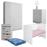 Quarto De Bebe 4 Portas Com Berço Alegria E Sapateira Branco Brilho Com Colchão - Ajl