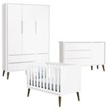 Quarto De Bebê Theo 3 Portas Com Cômoda Com Porta Branco Acetinado Com Pés Amadeirado - Reller