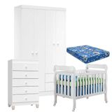 Quarto De Bebê 4 Portas Com Gaveteiro Ternura Baby E Berço Branco Brilho Com Colchão