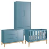 Quarto De Bebê Classic 2 Portas Cômoda Com Porta Azul Com Pés Madeira Natural - Reller