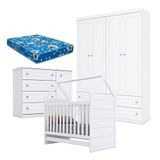 Quarto De Bebê Mississipi 4 Portas Com Berço Montessoriano Americano Branco E Colchão Ortobom