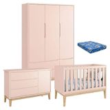 Quarto De Bebê Classic 3 Portas Com Colchão Rosa Pés Madeira Natural - Reller