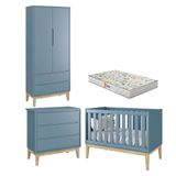 Quarto De Bebê 2 Portas E Cômoda Gaveteiro New Classic Azul Com Pés Madeira Natural E Colchão Gazin - Reller