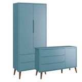 Cômoda Infantil 1 Porta E Guarda Roupa 2 Portas Theo Azul Com Pés Amadeirados - Reller