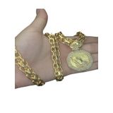 Cordão Cadeado Duplo 13mm + Pingente Mão Fé - Banhado A Ouro