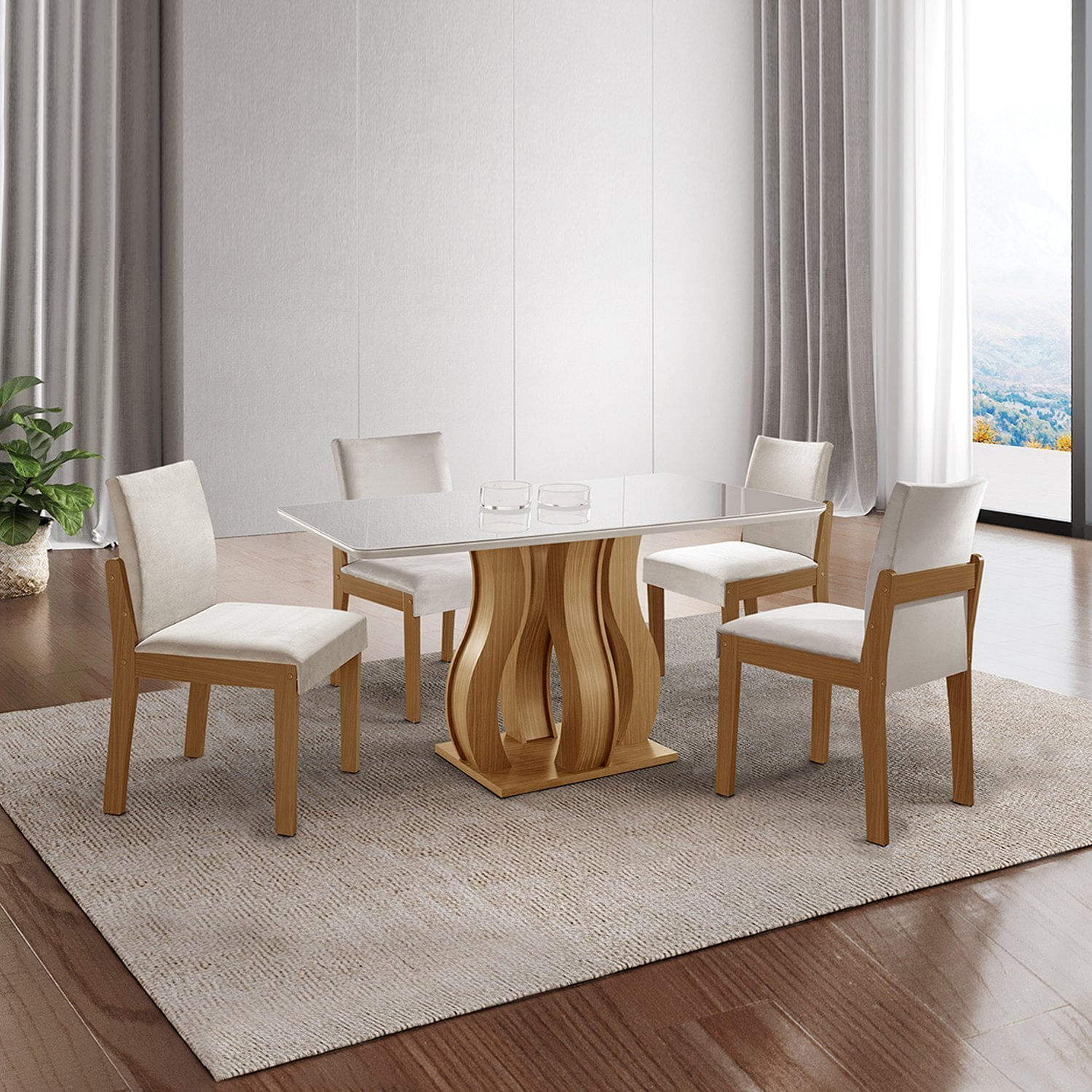 Mesa De Jantar Nuance 135x90cm 4 Cadeiras Modernas Mônaco Castanho Cinamomo/creme/off White