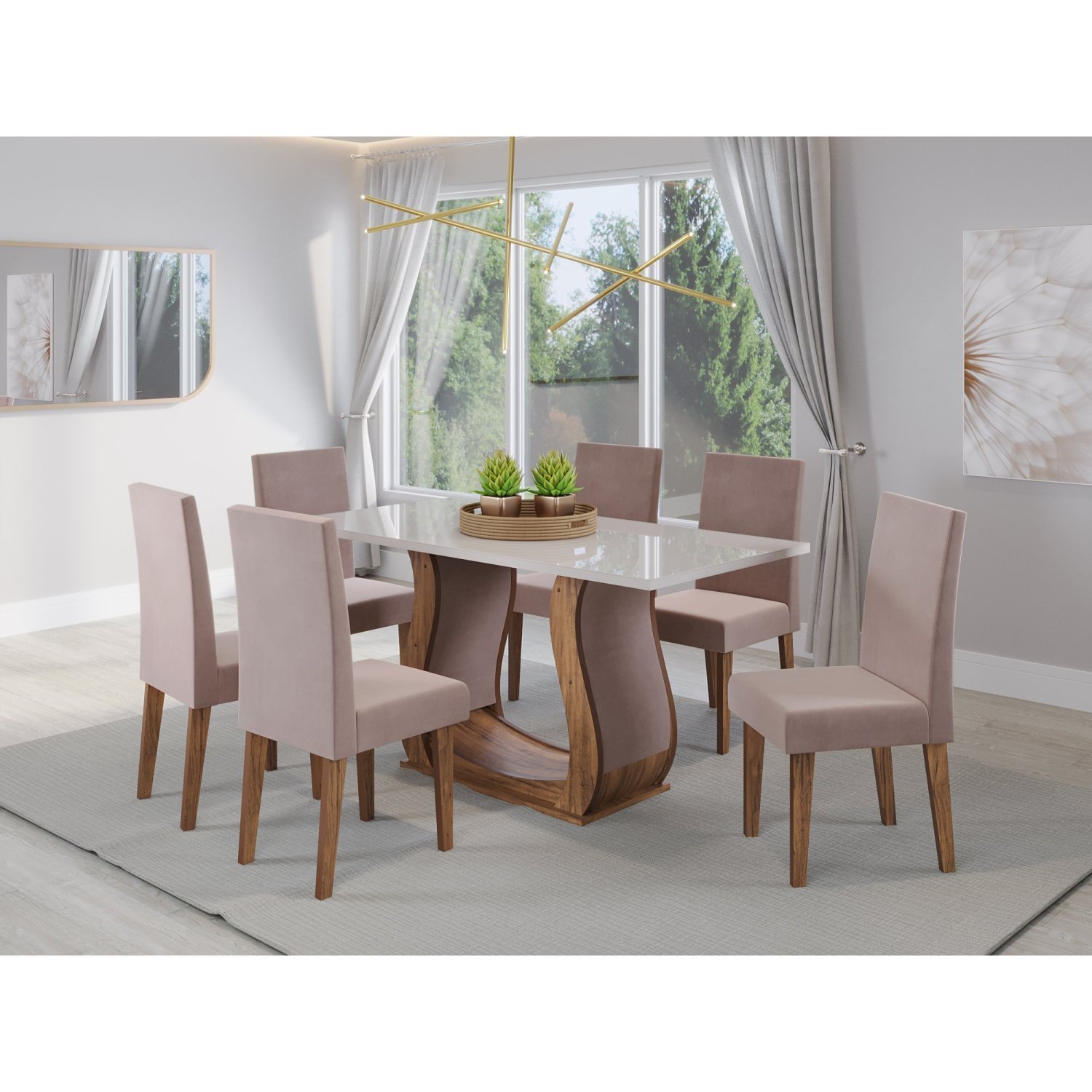 Mesa De Jantar Retangular Livia Com 6 Cadeiras Venus Imbuia/off White/rosa