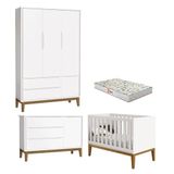 Quarto De Bebê 3 Portas New Classic Branco Com Pés Madeira E Colchão Gazin - Reller