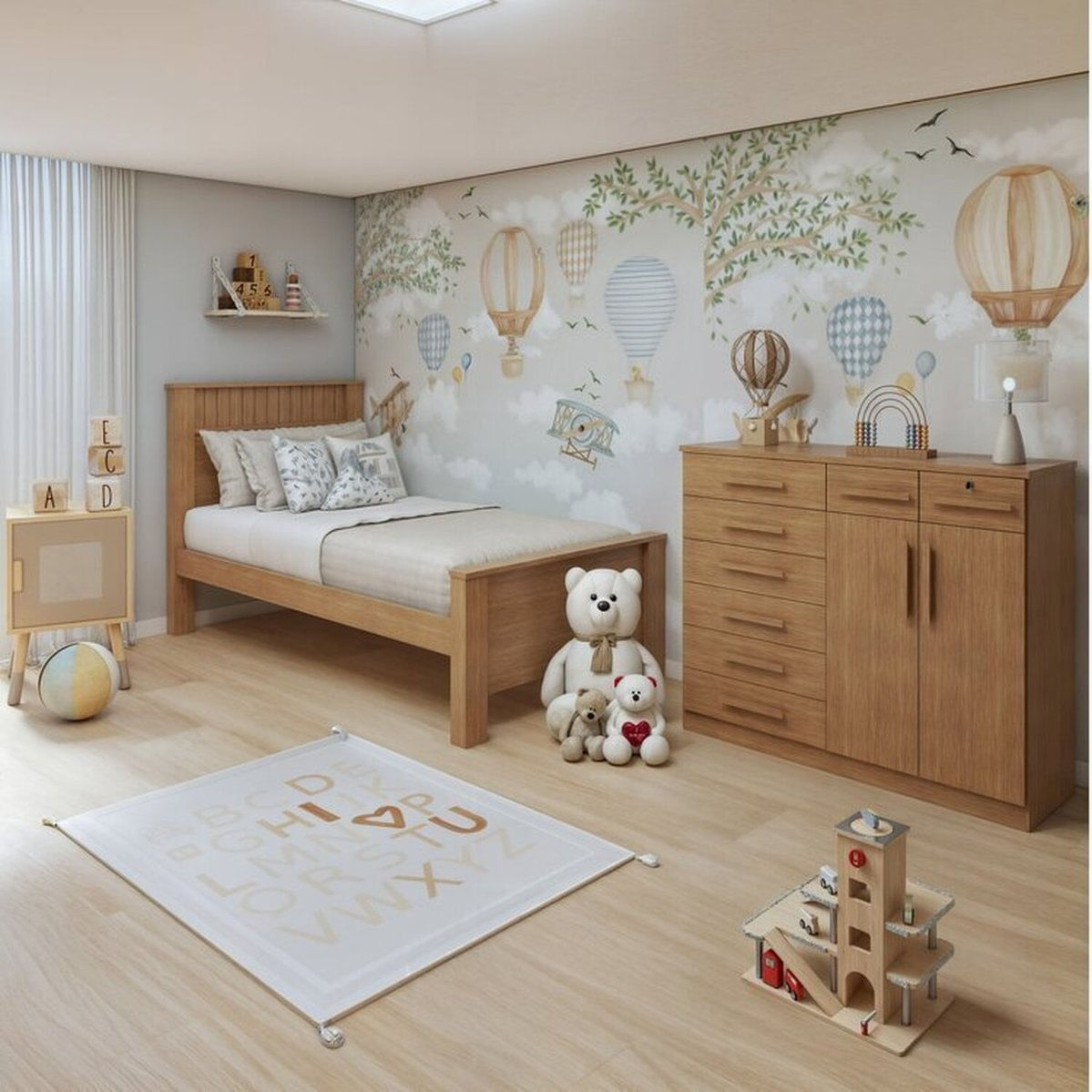 Quarto Infantil Com Cama Solteiro Athenas E Cômoda 8 Gavetas 2 Portas Toronto Amêndoa Clean