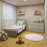 Quarto Infantil Com Cama Solteiro Loop Tecido Boucle E Cômoda 8 Gavetas 152x48x96cm Loop Amendoa Clean/salvia