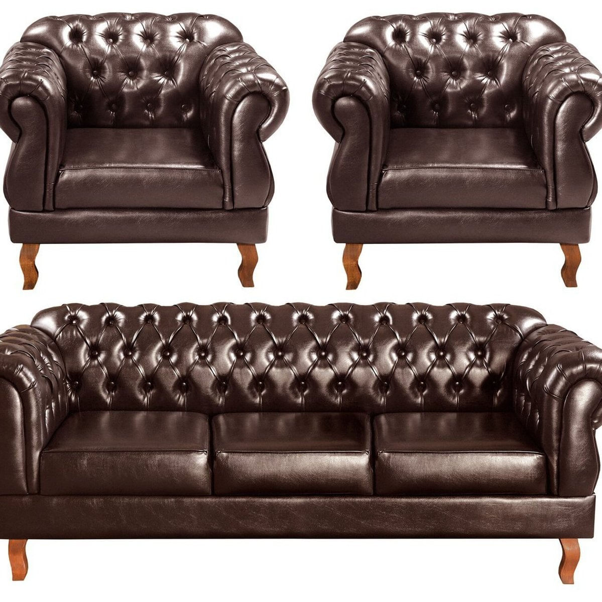 Conjunto Sofá Duquesa Chesterfield 3 Lugares + 2 Poltronas Café