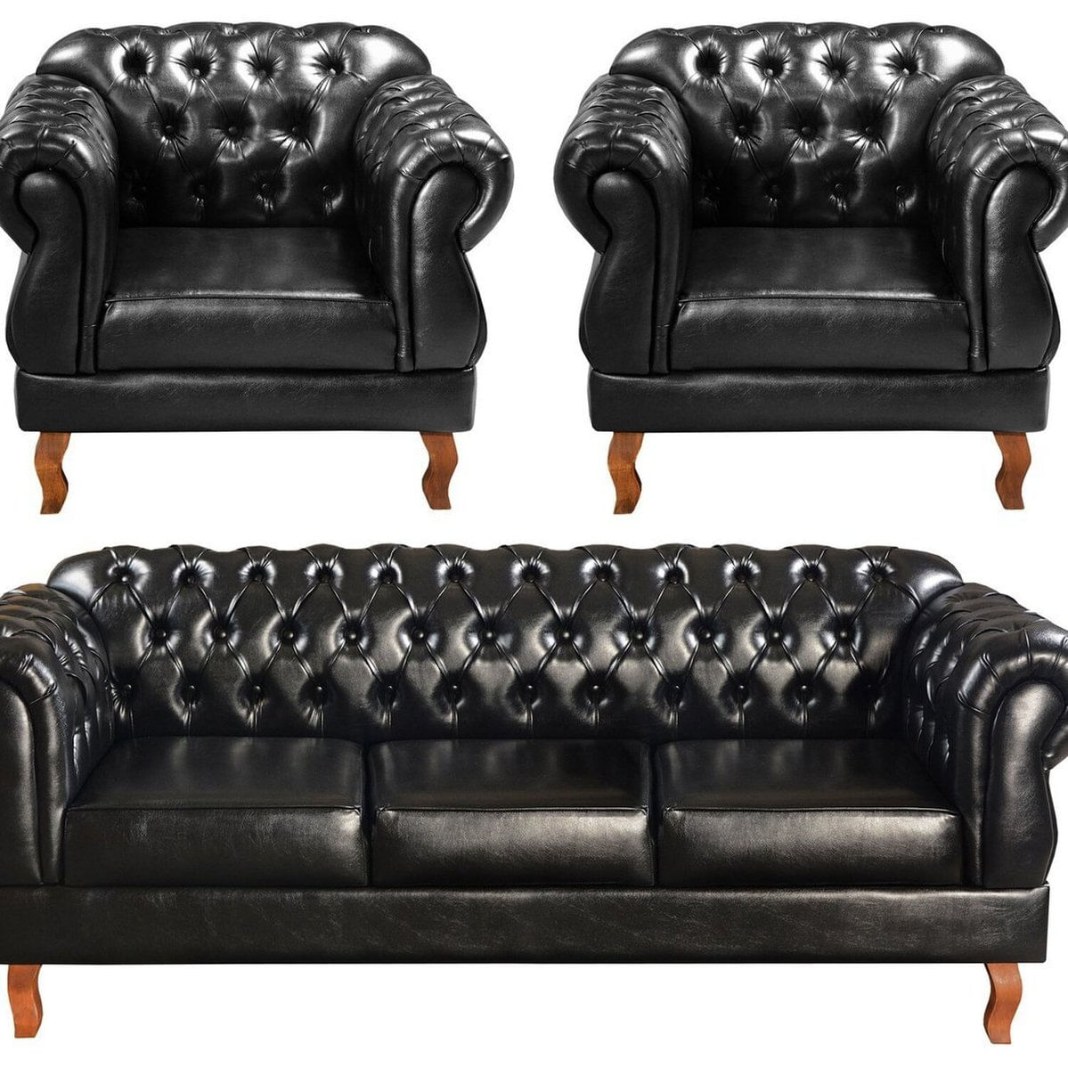 Conjunto Sofá Duquesa Chesterfield 3 Lugares + 2 Poltronas Preto