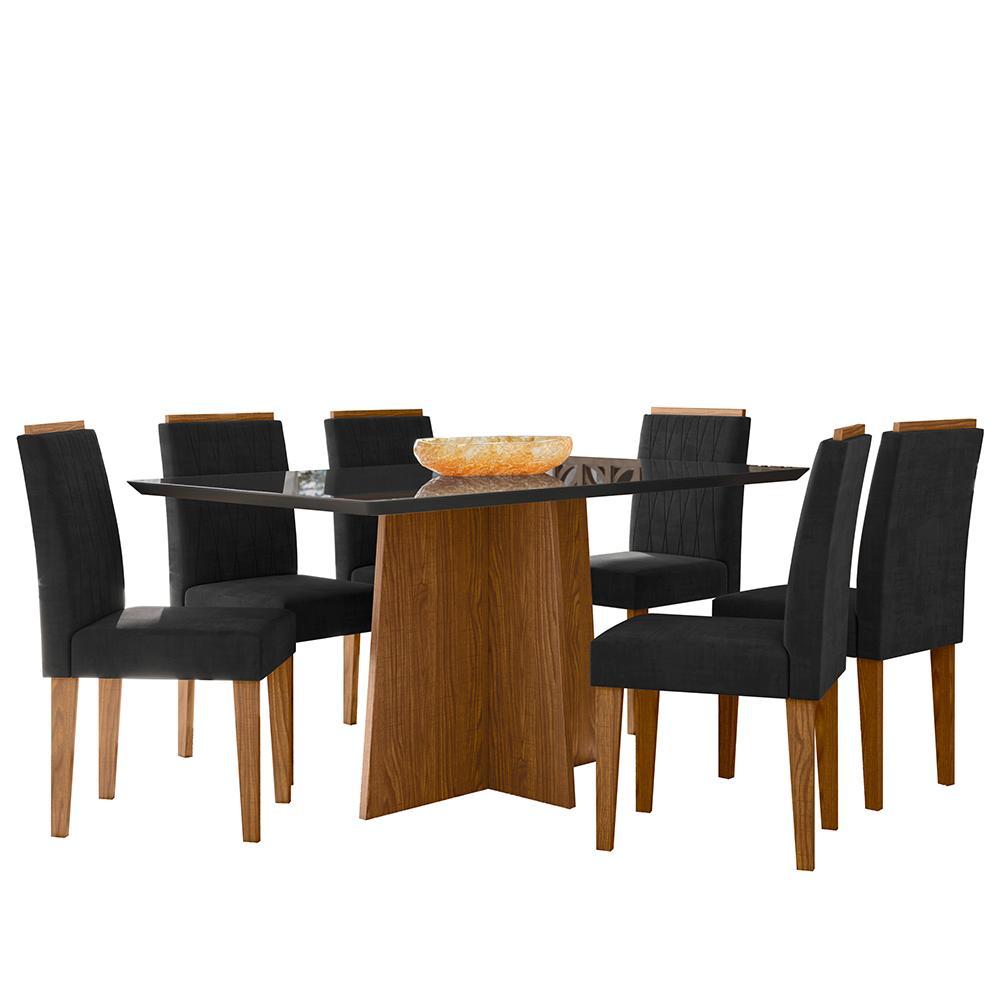 Mesa De Jantar Anitta 160x90 Com 6 Cadeiras Ana Ypê/preto/veludo Preto - New Ceval