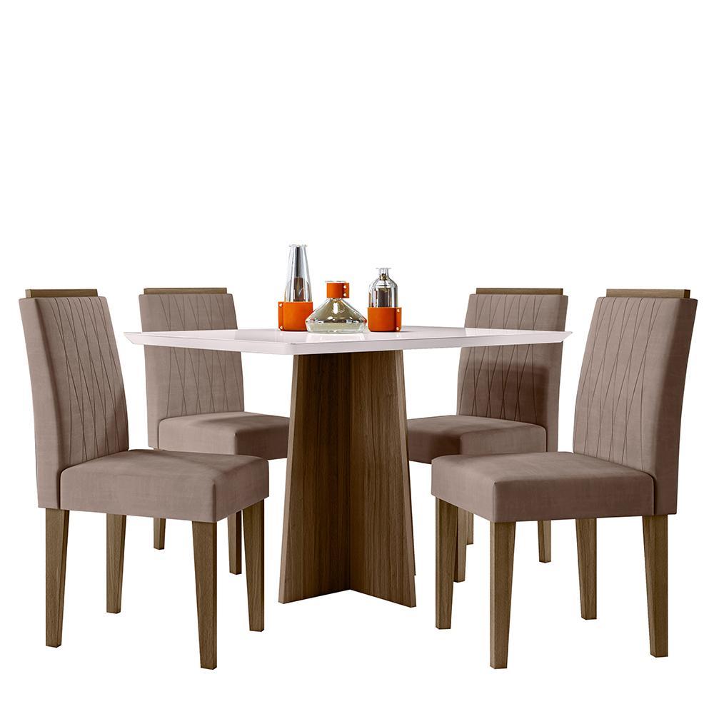 Mesa De Jantar Anitta 120x80 Com 4 Cadeiras Ana Imbuia/off White/veludo Marrom Rosê - New Ceval