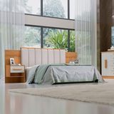 Cabeceira Casal Queen 160 Cm Ripada 100% Mdf Estofada Iris Com 02 Mesas De Cabeceira Cinamomo/off White