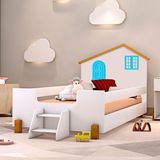 Cama Casinha Montessori Solteiro Com Escadinha Branco Azul Belíssima Divaloto